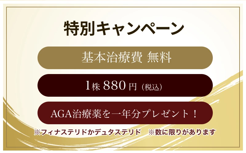 【特別キャンペーン】基本治療費無料＋1株880円（税込）＋AGA治療薬を一年分プレゼント！※フィナステリドかデュタステリド※数に限りがあります