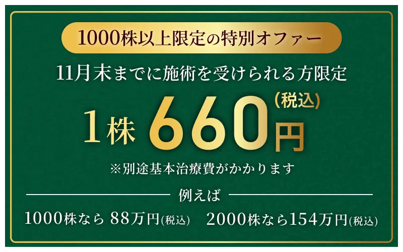 【1000株以上限定の特別オファー】11月末までに施術を受けられる方限定、1株660円！※別途基本治療費がかかります。例えば、1000株なら88万円(税込) 、2000株なら154万円(税込) 