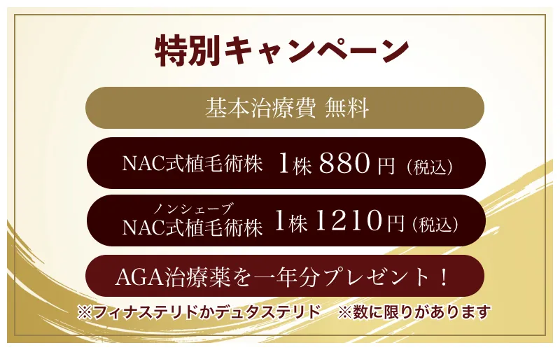 【特別キャンペーン】基本治療費 0円！NAC式植毛術1株880円！、ノンシェーブNAC式植毛術1株1210円！