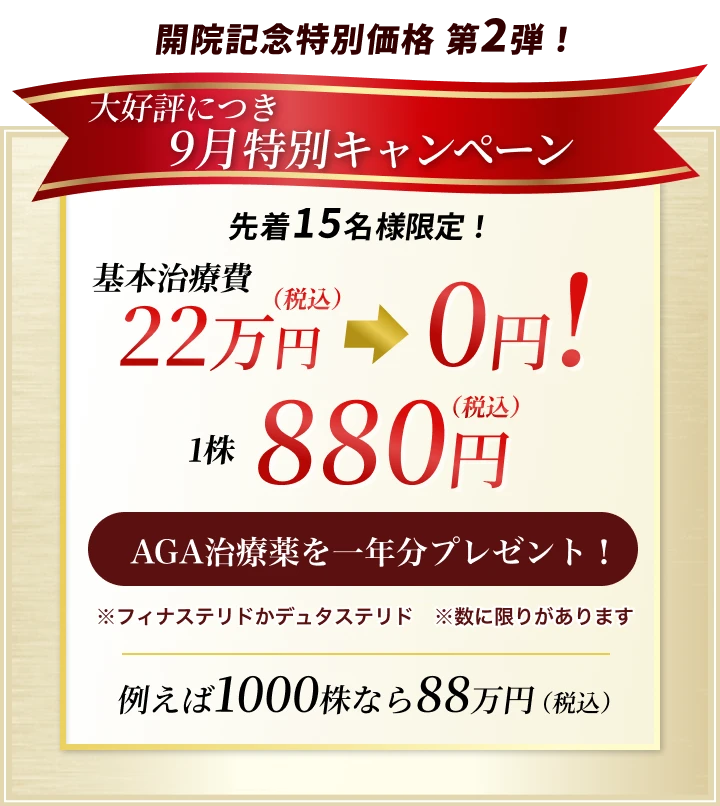 開院記念特別価格 第2弾！【大好評につき9月特別キャンペーン】先着15名様限定！基本治療費22万円（税込）が0円！1株880円（税込）＋AGA治療薬を一年分プレゼント！（※フィナステリドかデュタステリド　※数に限りがあります）例えば1000株なら88万円（税込）